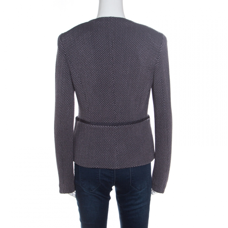 Pre Owned Armani Collezioni Dark Grey Textured Wool Jacquard Knit Buttoned Jacket L