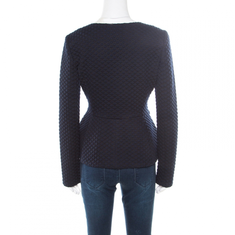 Pre Owned Armani Collezioni Navy Blue and Black Diamond Embossed Jacquard Peplum Jacket M