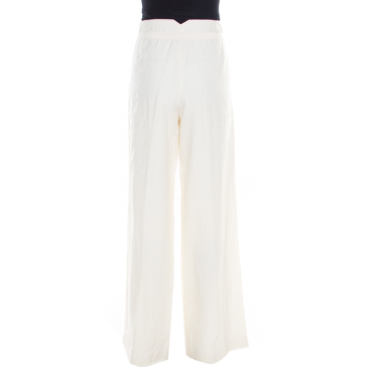 Pre Owned Armani Collezioni Cream Linen Wide Leg Pants M