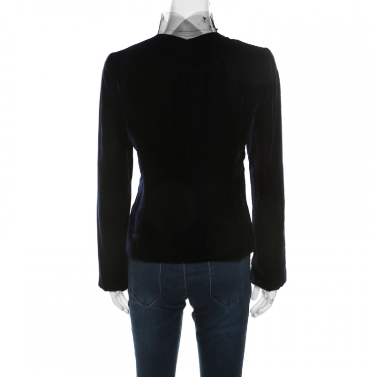 Pre Owned Armani Collezioni Midnight Blue Velvet Embellished Mesh Collar Single Button Blazer S