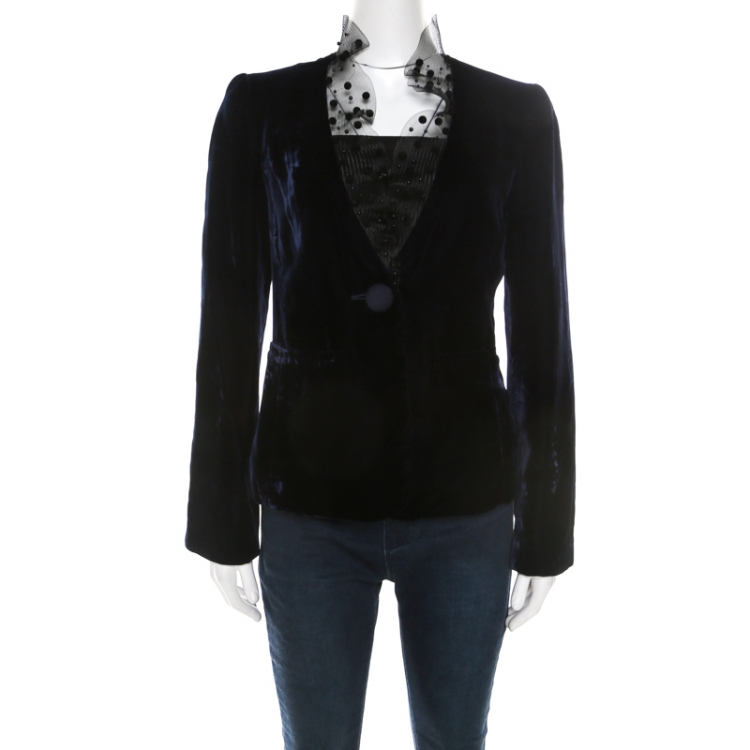 Pre Owned Armani Collezioni Midnight Blue Velvet Embellished Mesh Collar Single Button Blazer S
