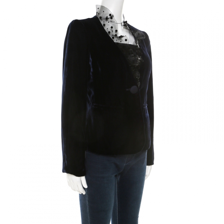 Pre Owned Armani Collezioni Midnight Blue Velvet Embellished Mesh Collar Single Button Blazer S