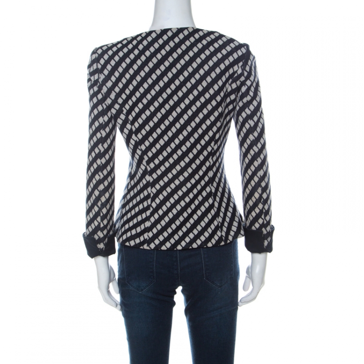 Pre Owned Armani Collezioni Navy Blue & Beige Cotton Woven Loop Button Blazer M