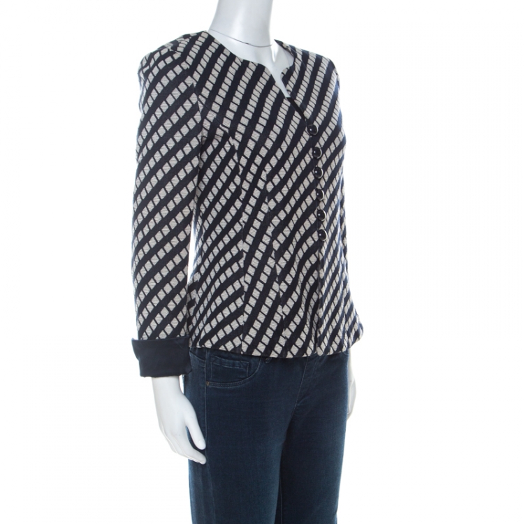 Pre Owned Armani Collezioni Navy Blue & Beige Cotton Woven Loop Button Blazer M