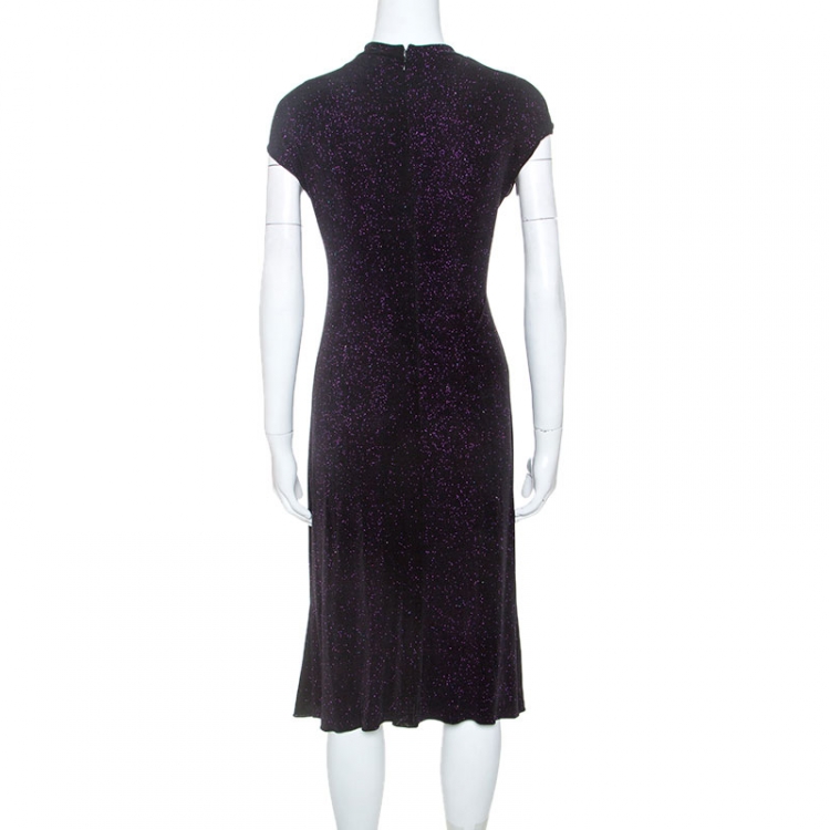 Pre Owned Armani Collezioni Purple Metallic Foil Print Twist Front Detail Dress L