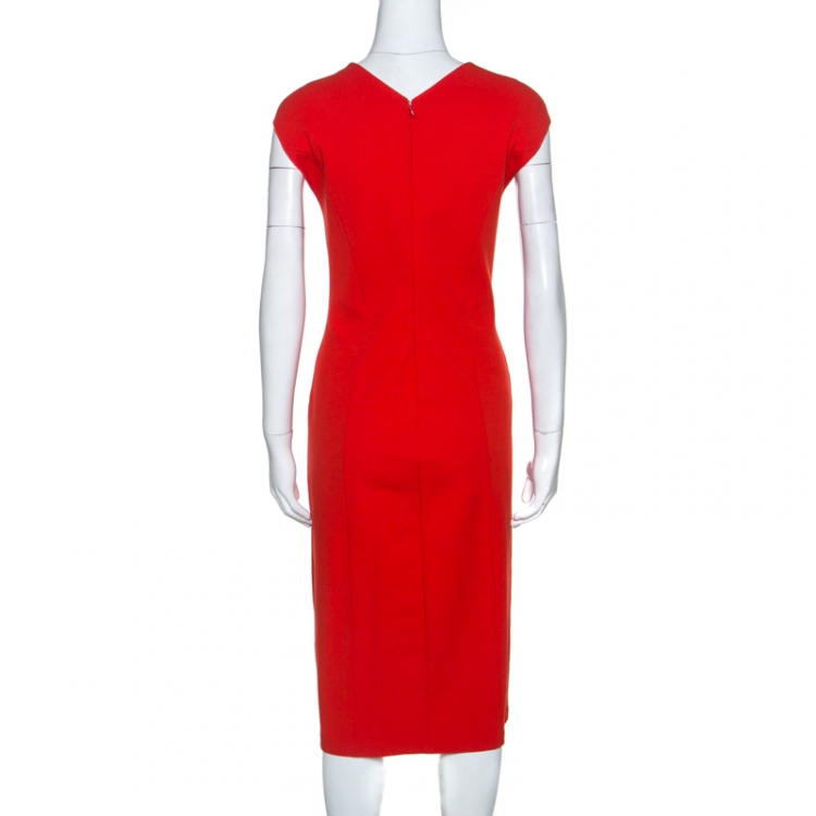 Pre Owned Armani Collezioni Red Stretch Knit Contrast Detail Midi Dress L