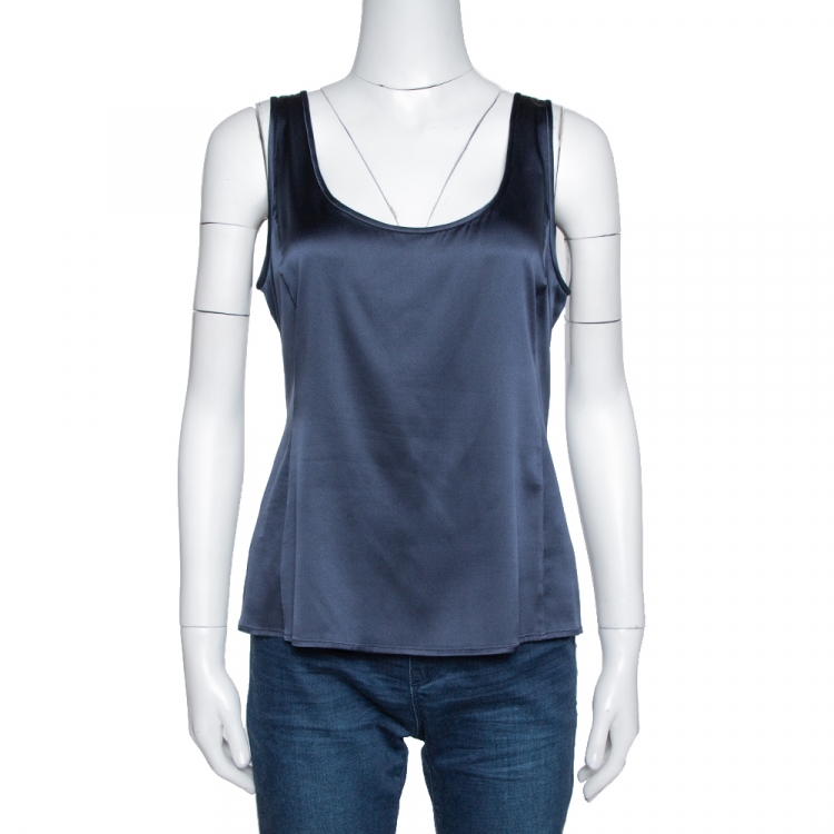 Pre Owned Armani Collezioni Midnight Blue Stretch Silk Satin Sleeveless Top M 