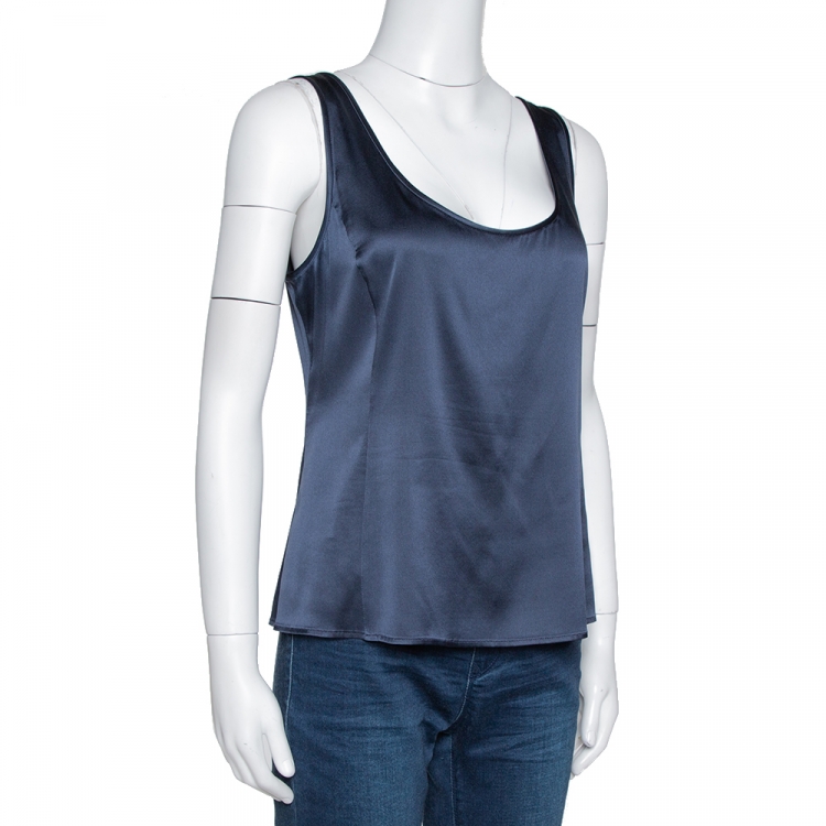 Pre Owned Armani Collezioni Midnight Blue Stretch Silk Satin Sleeveless Top M 