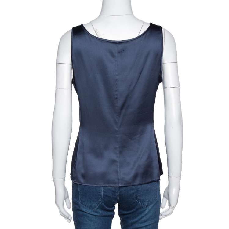 Pre Owned Armani Collezioni Midnight Blue Stretch Silk Satin Sleeveless Top M 