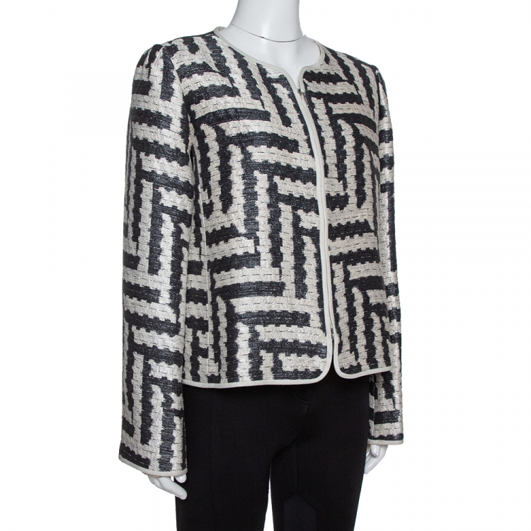 Pre Owned Armani Collezioni Cream & Black Jacquard Zip Front Jacket L