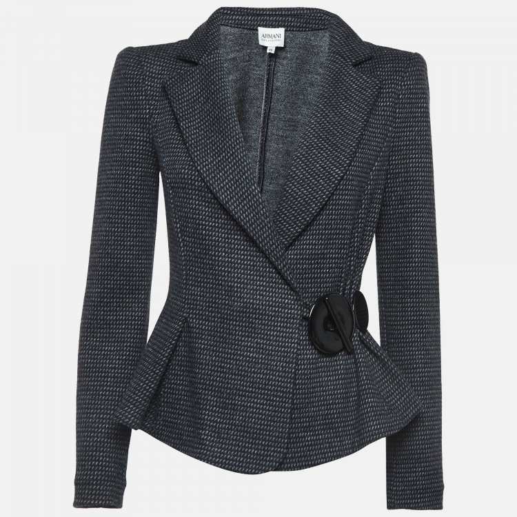 Pre Owned Armani Collezioni Grey Patterned Wool Blend Buckle Detail Blazer M