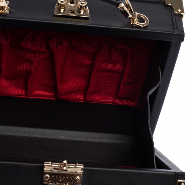 Pre Owned Aspinal of London Black Leather Mini Trunk Patches Top Handle Bag