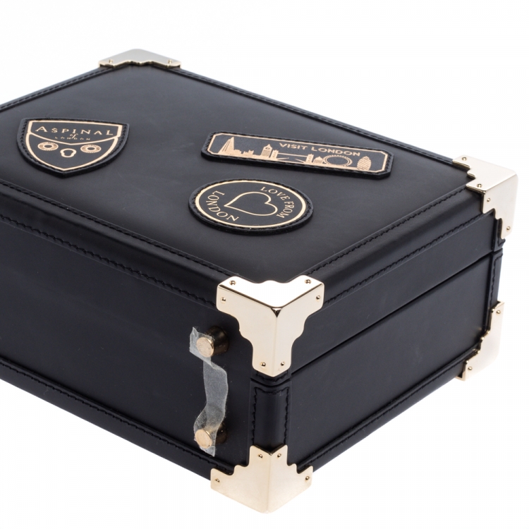Pre Owned Aspinal of London Black Leather Mini Trunk Patches Top Handle Bag