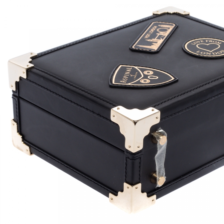 Pre Owned Aspinal of London Black Leather Mini Trunk Patches Top Handle Bag