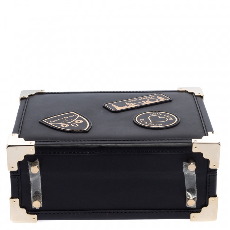 Pre Owned Aspinal of London Black Leather Mini Trunk Patches Top Handle Bag