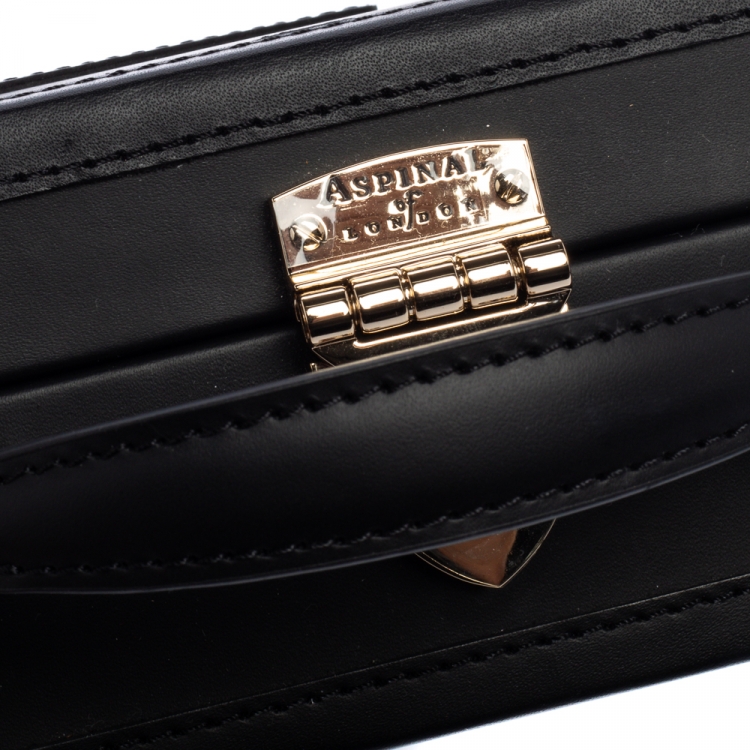 Pre Owned Aspinal of London Black Leather Mini Trunk Patches Top Handle Bag