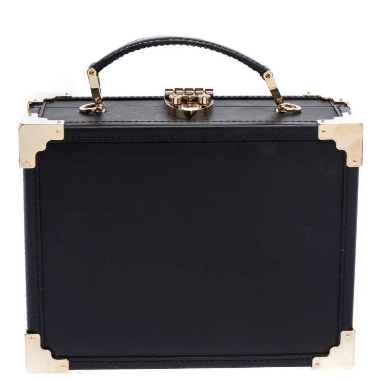 Pre Owned Aspinal of London Black Leather Mini Trunk Patches Top Handle Bag