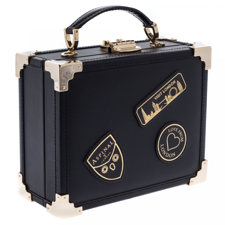 Pre Owned Aspinal of London Black Leather Mini Trunk Patches Top Handle Bag