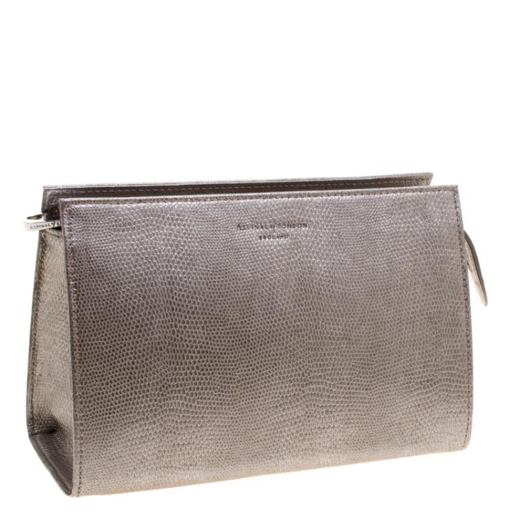 Pre Owned Aspinal Of London Grey Glossy Lizard Print Leather Medium Cosmetic Pouch