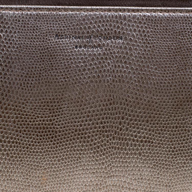 Pre Owned Aspinal Of London Grey Glossy Lizard Print Leather Medium Cosmetic Pouch