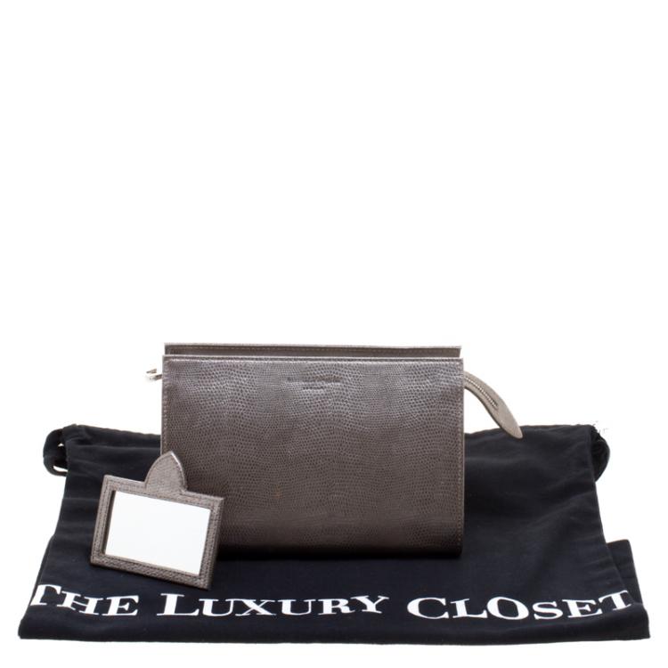 Pre Owned Aspinal Of London Grey Glossy Lizard Print Leather Medium Cosmetic Pouch