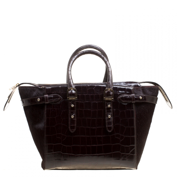 Pre Owned Aspinal of London Dark Brown Croc Embossed Leather Marylebone Top Handle Bag