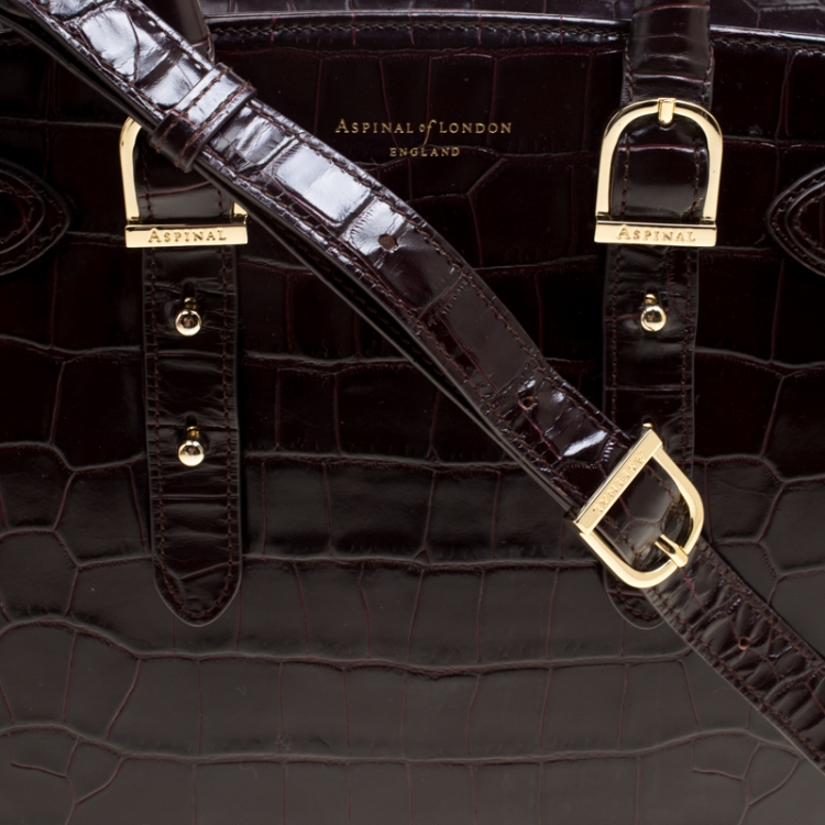 Pre Owned Aspinal of London Dark Brown Croc Embossed Leather Marylebone Top Handle Bag