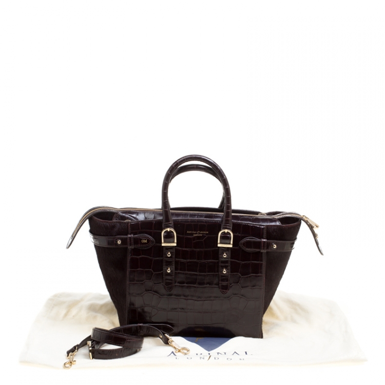 Pre Owned Aspinal of London Dark Brown Croc Embossed Leather Marylebone Top Handle Bag