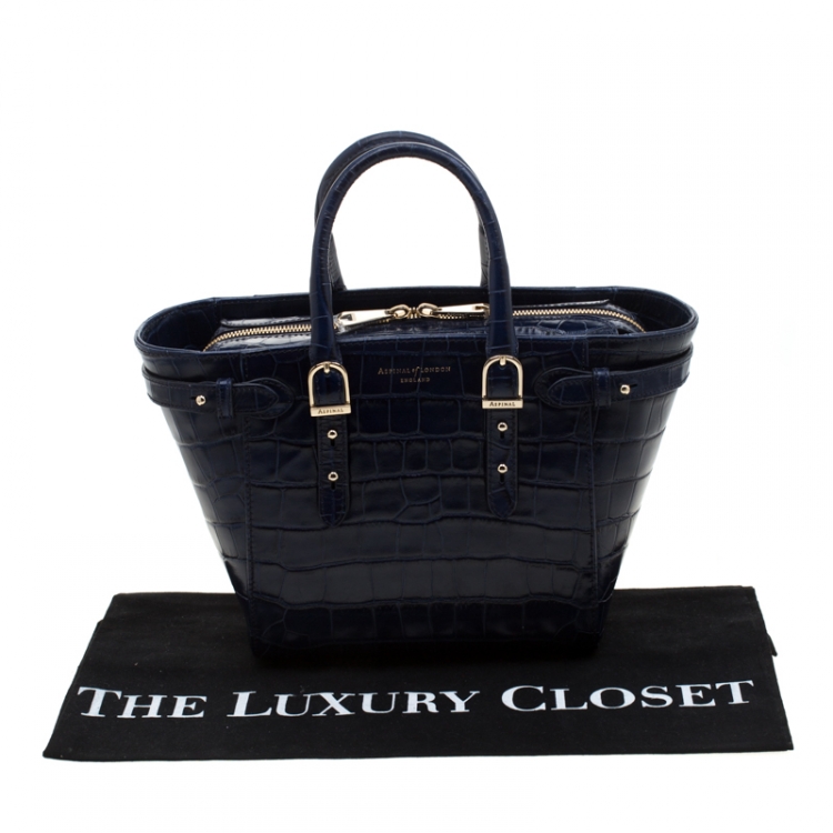 Pre Owned Aspinal of London Blue Croc Embossed Leather Marylebone Top Handle Bag