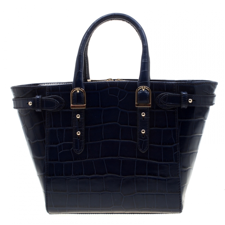 Pre Owned Aspinal of London Blue Croc Embossed Leather Marylebone Top Handle Bag