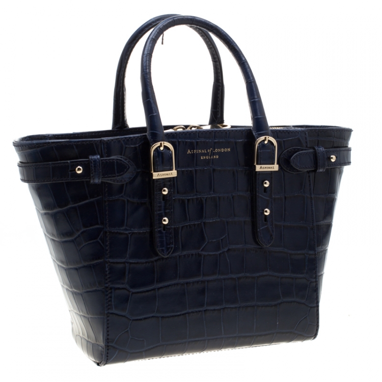 Pre Owned Aspinal of London Blue Croc Embossed Leather Marylebone Top Handle Bag