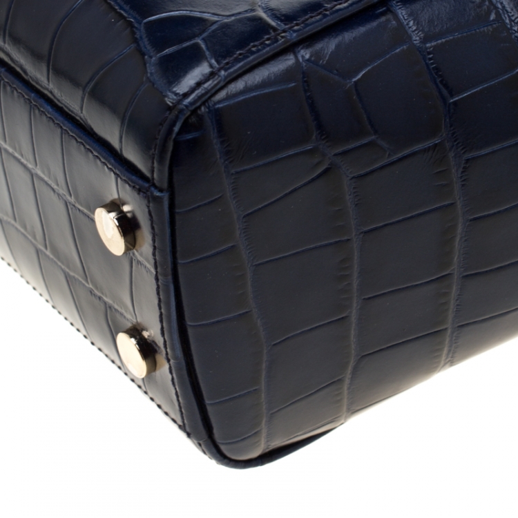 Pre Owned Aspinal of London Blue Croc Embossed Leather Marylebone Top Handle Bag