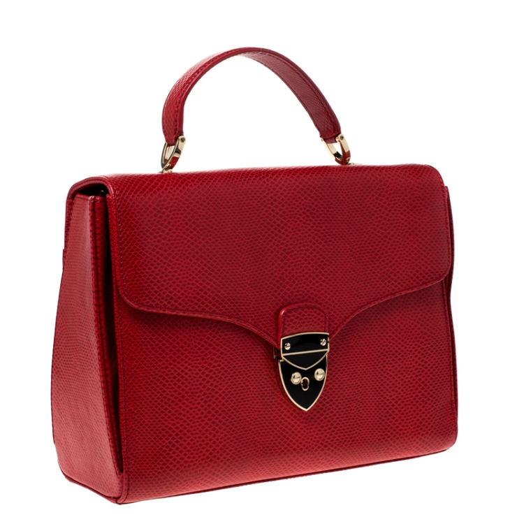 Pre Owned Aspinal Of London Red Lizard Embossed Leather Mayfair Top Handle Bag