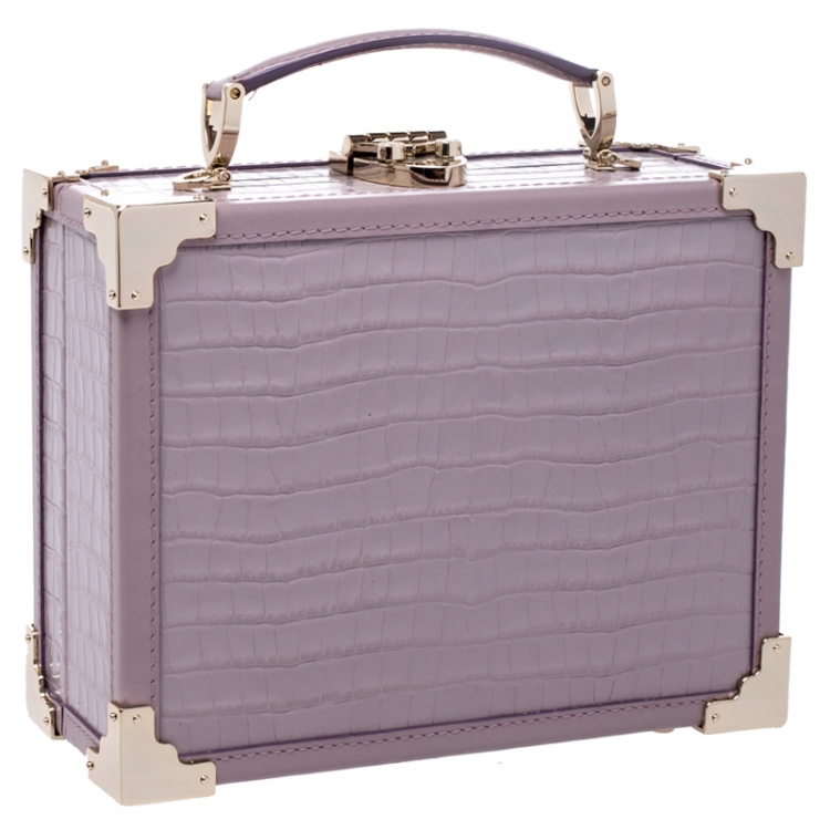 Pre Owned Aspinal Of London Lilac Croc Embossed Leather Trunk Top Handle Bag