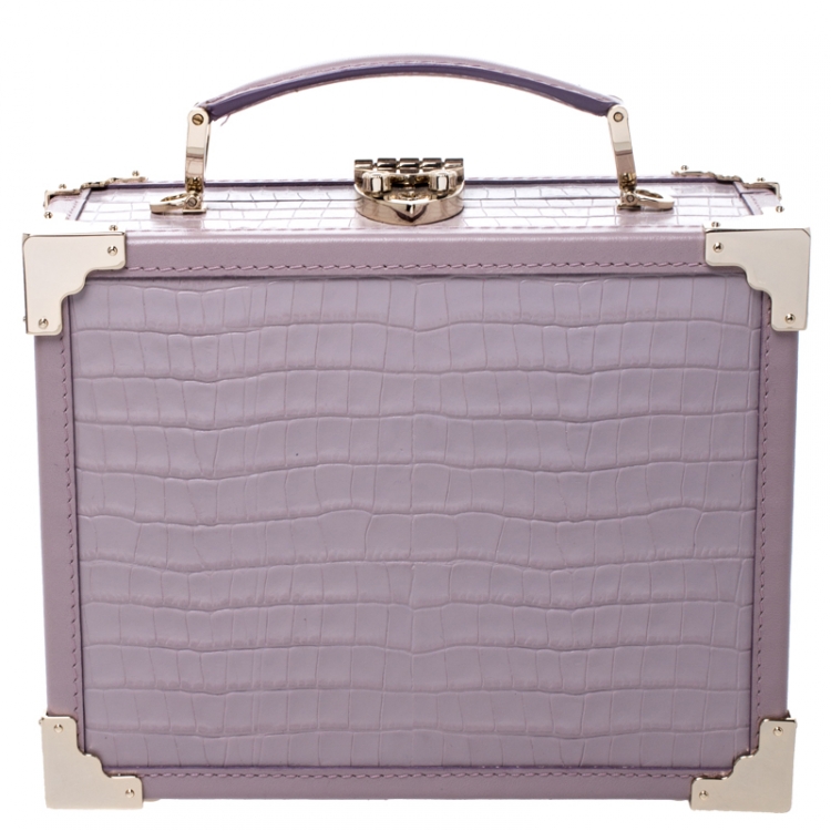 Pre Owned Aspinal Of London Lilac Croc Embossed Leather Trunk Top Handle Bag
