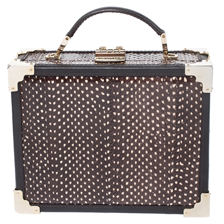 Pre Owned Aspinal Of London Brown/White Snakeskin Effect Leather Trunk Top Handle Bag