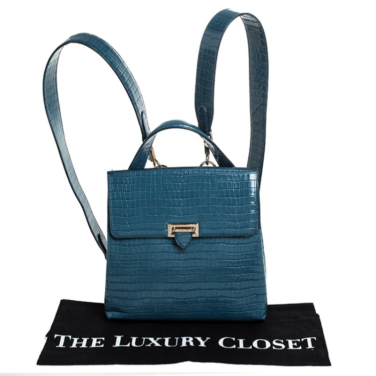 Pre Owned Aspinal of London Blue Croc Embosed Leather Soho Backpack 