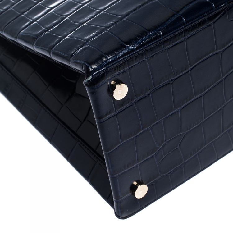 Pre Owned Aspinal Of London Midnight Blue Croc Embossed Leather Madison Tote
