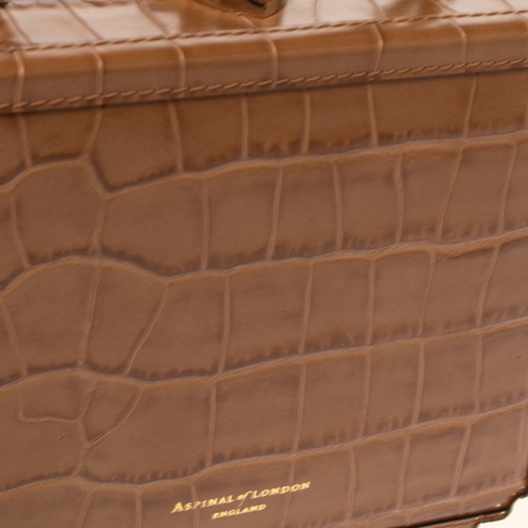 Pre Owned Aspinal of London Tan Croc Embossed Leather Mini Trunk Top Handle Bag
