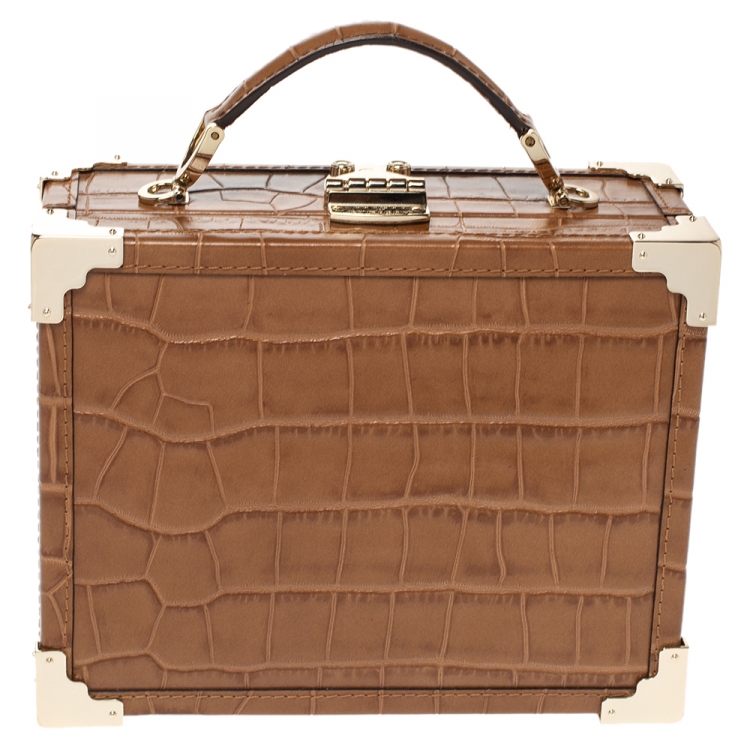 Pre Owned Aspinal of London Tan Croc Embossed Leather Mini Trunk Top Handle Bag