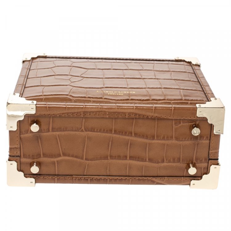 Pre Owned Aspinal of London Tan Croc Embossed Leather Mini Trunk Top Handle Bag