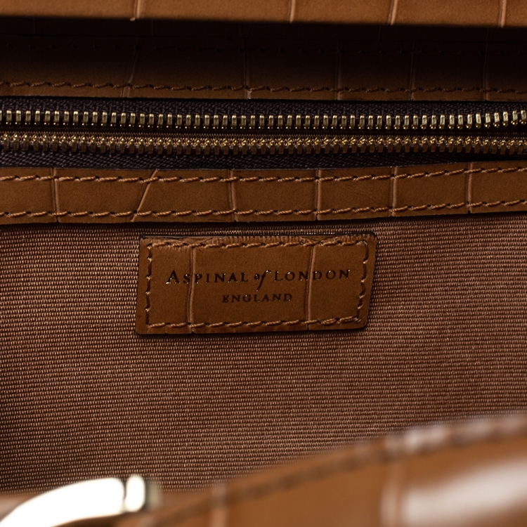 Pre Owned Aspinal of London Tan Croc Embossed Leather Mini Trunk Top Handle Bag