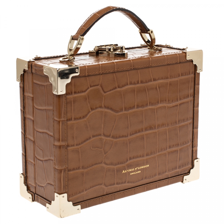 Pre Owned Aspinal of London Tan Croc Embossed Leather Mini Trunk Top Handle Bag