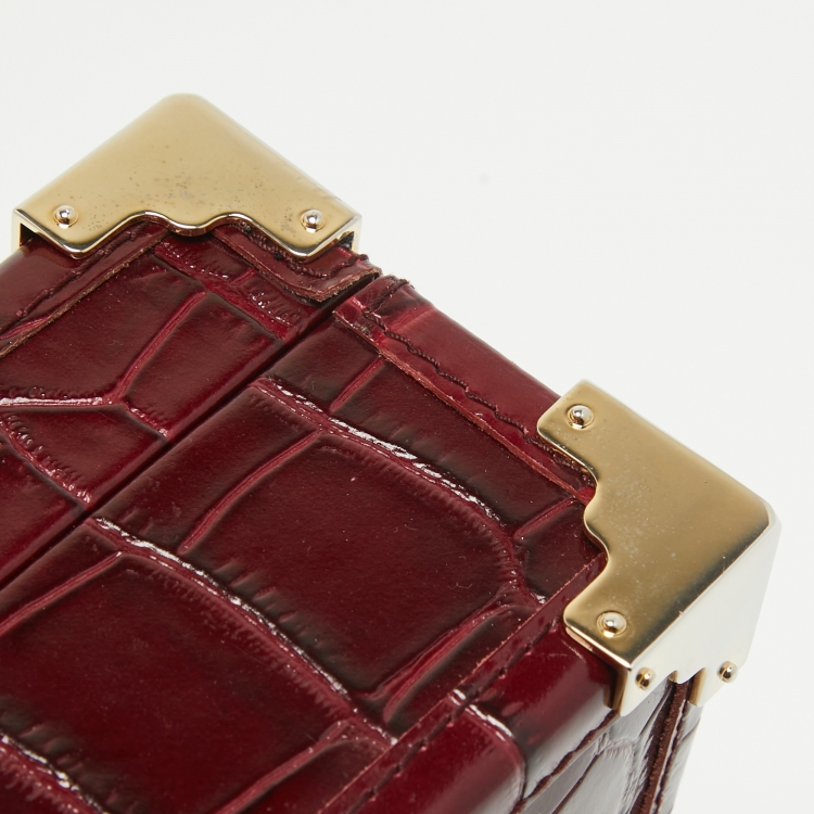 Pre Owned Aspinal of London Burgundy Croc Embossed Leather Mini Trunk Top Handle Bag