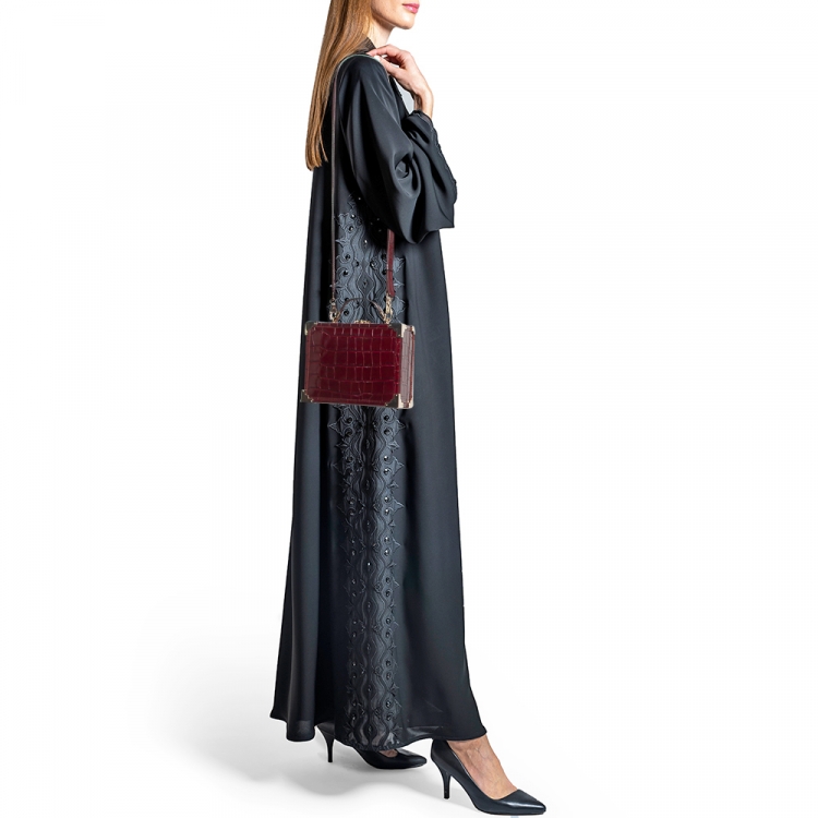 Pre Owned Aspinal of London Burgundy Croc Embossed Leather Mini Trunk Top Handle Bag