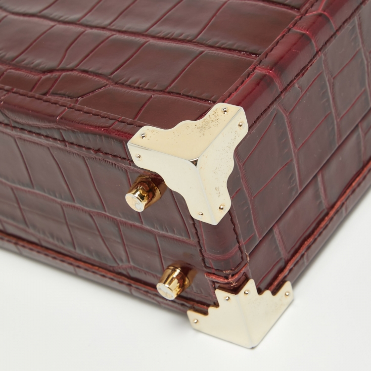 Pre Owned Aspinal of London Burgundy Croc Embossed Leather Mini Trunk Top Handle Bag