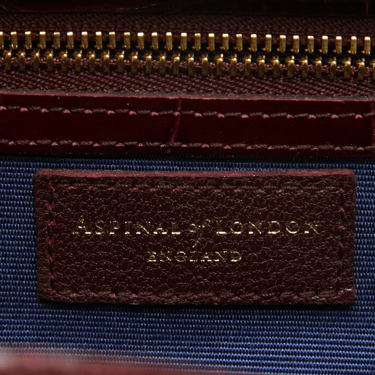 Pre Owned Aspinal of London Burgundy Croc Embossed Leather Mini Trunk Top Handle Bag