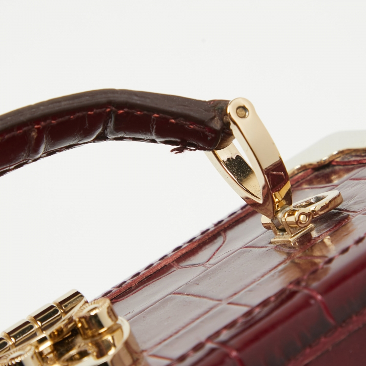 Pre Owned Aspinal of London Burgundy Croc Embossed Leather Mini Trunk Top Handle Bag
