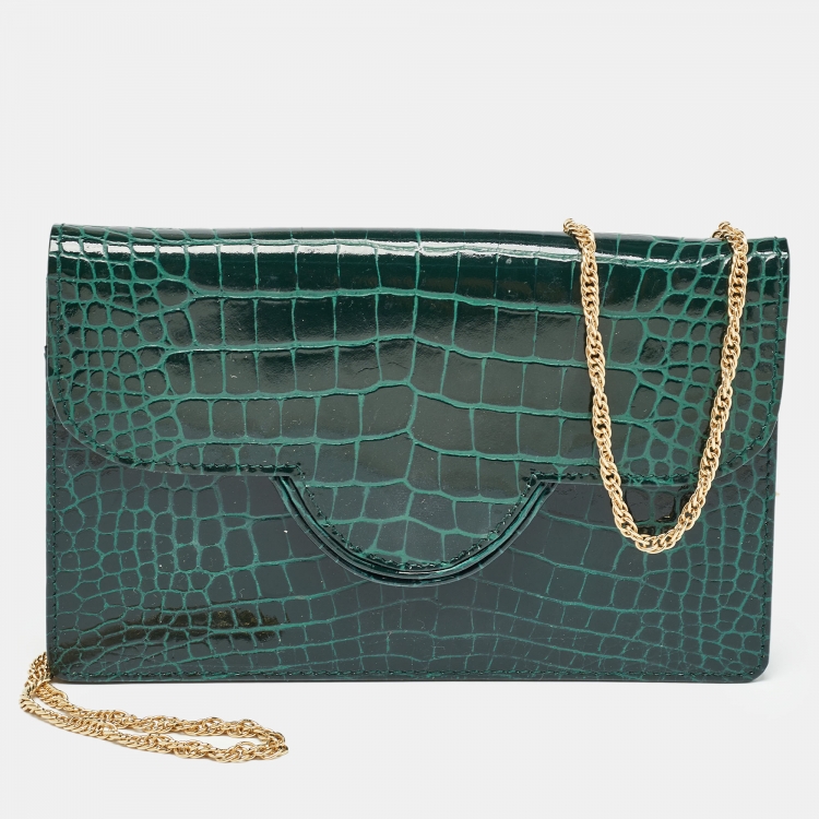 Pre Owned Aspinal Of London Green Croc Embossed Leather Large Ava Chain Bag