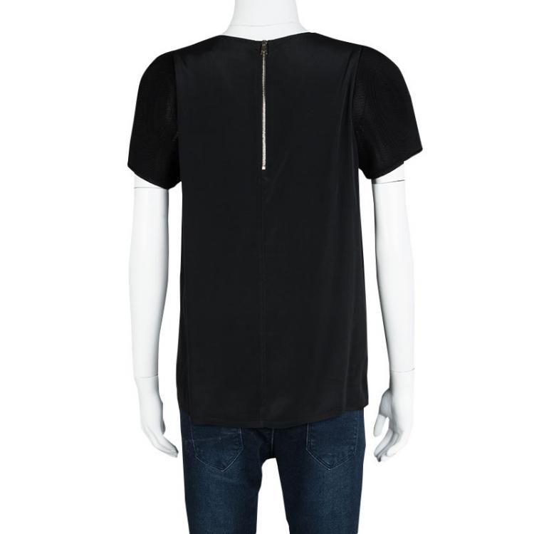 Pre Owned Atos Lombardini Black Tricot Mesh Short Sleeve Detail Top M